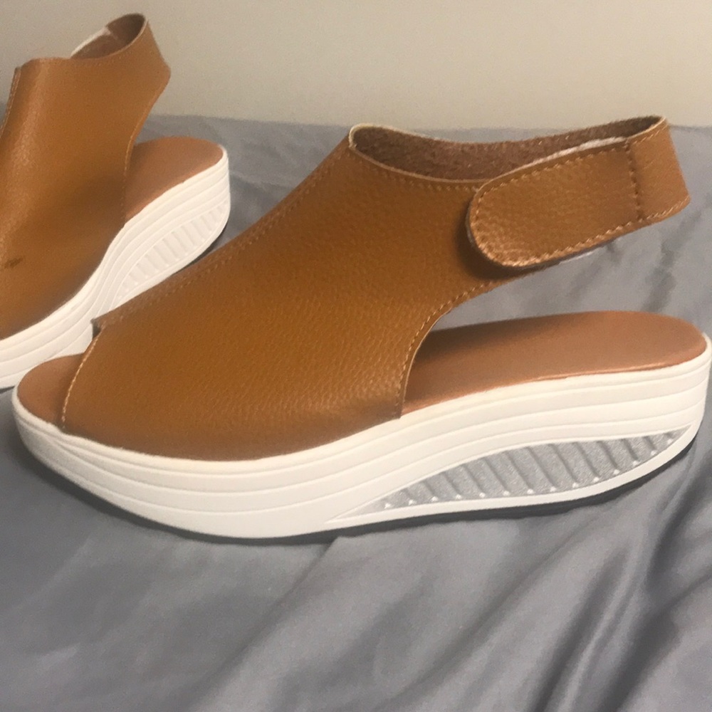 Tan Leather Platform Open-Toe Sandals